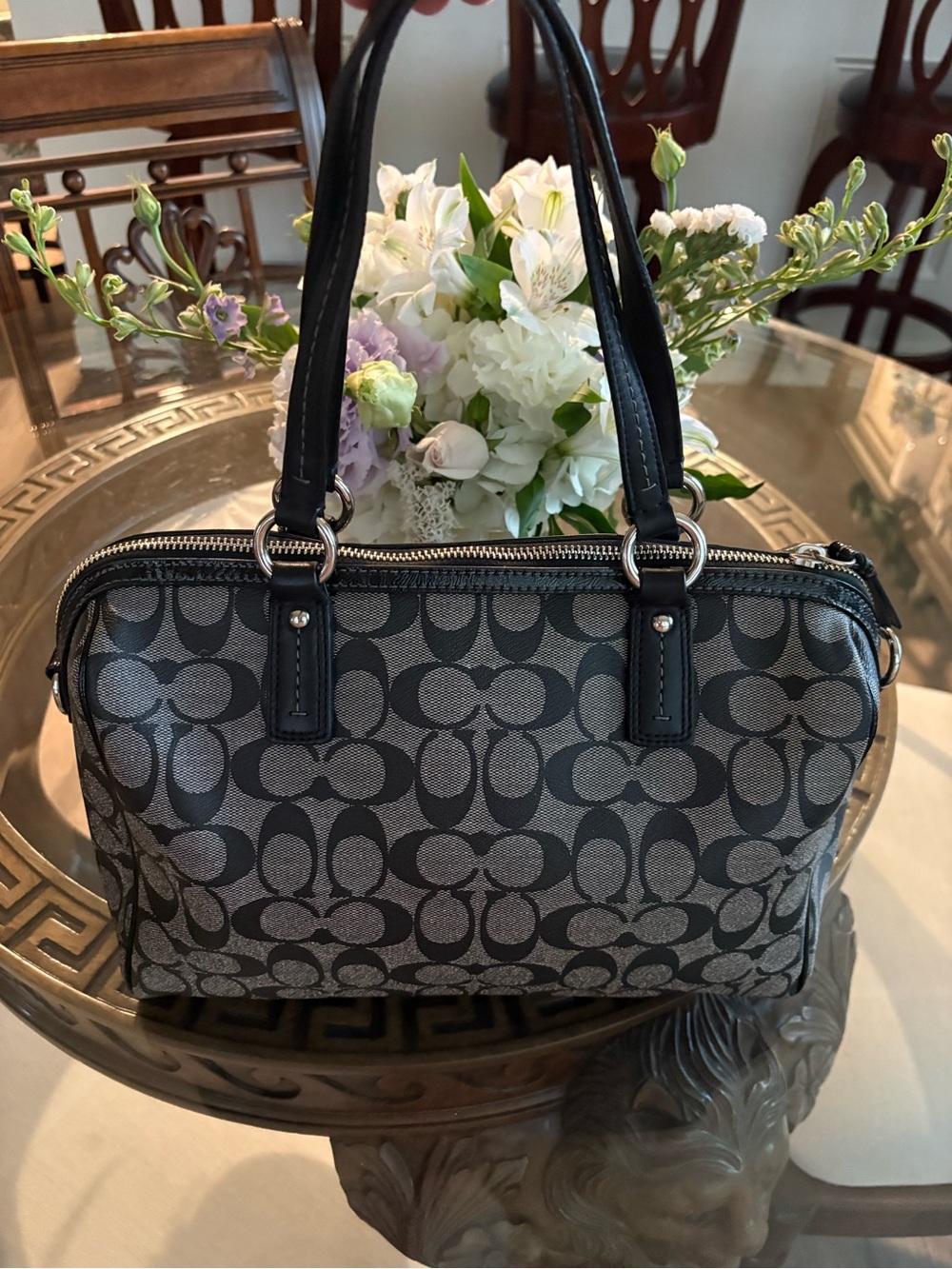 🖤🩶COACH SIGNATURE STRIPE GREY/BLACK MONOGRAM TOTE/SATCHEL BAG!🖤🩶 - Picture 2 of 9